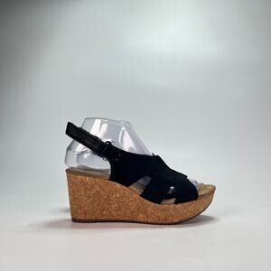 Clarks Annadel Bari Black Platform Cork Wedge Heeled Sandals Women's Size 7.5M